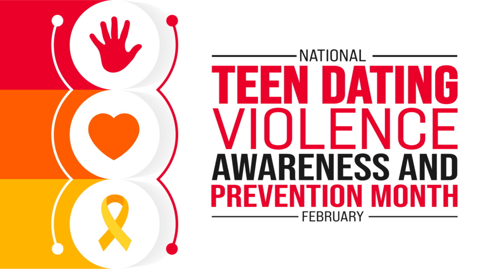 A red and white banner with the words national teen dating violence awareness prevention month.