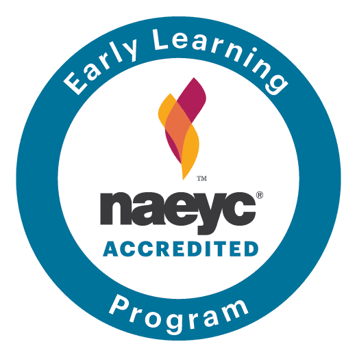 A blue circle with the words naeyc accredited and an orange, yellow and purple logo.