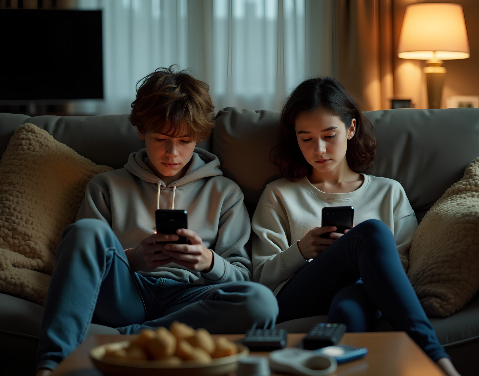 two teenagers looking at their phone sin a dark room