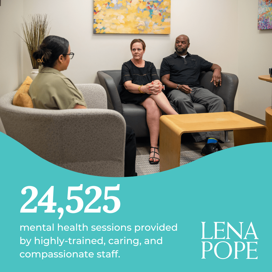 Counseling room with statistic and Lena Pope logo