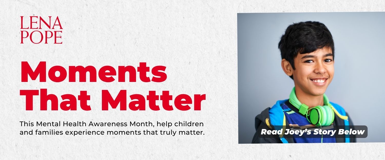 Moments that matter text with photo of a young boy with headphones and a note to read Joey's story below.