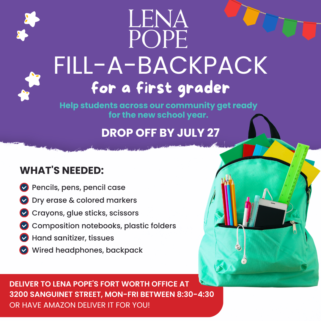 Donation flyer showing backpack filled with supplies